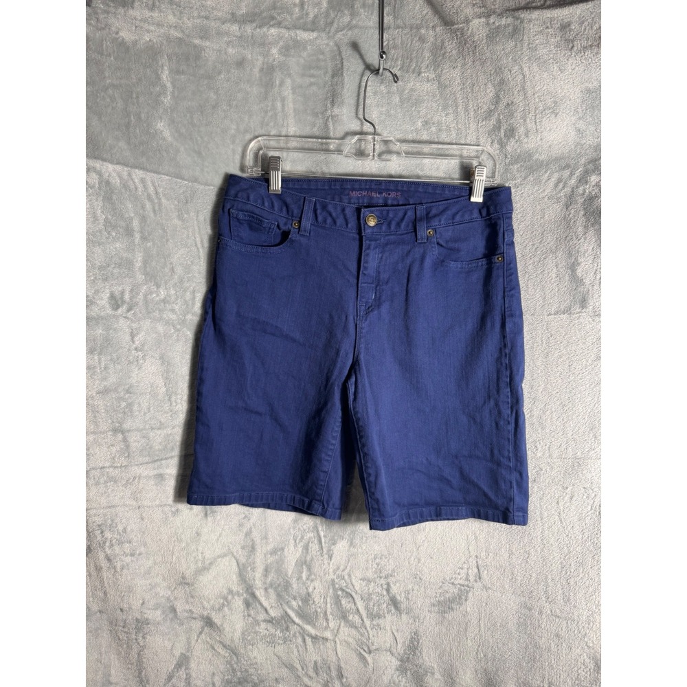 Michael Kors Womens Blue Denim Shorts Gold MK Logo Medallion Size 8‎